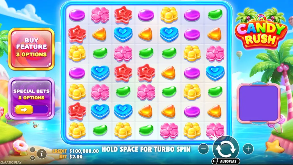 Tampilan visual slot Candy Rush dengan grid 7x7 yang penuh warna